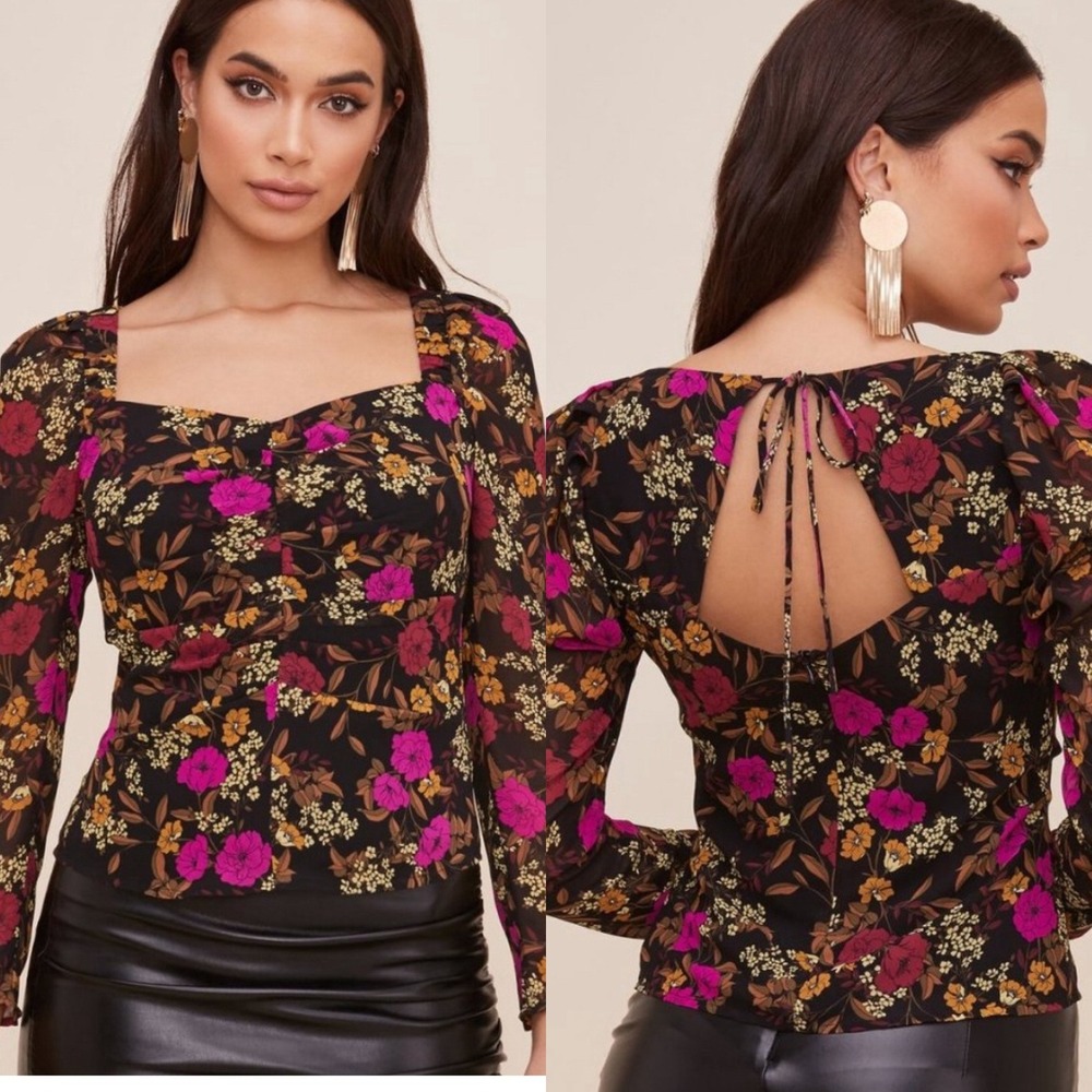 ASTR The Label Floral Blouse XL Brown Pink Long Sleeve‎ Open Back Top Boho Chic